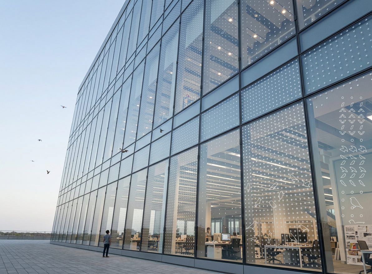 Bird-friendly glass sample on building Building facade with bird-friendly glass sample panel showing bird silhouettes and patterns